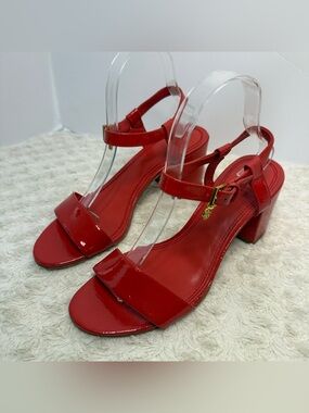 Tory Burch Red Patent Leather Block Heel Sandals with Gold Buckle